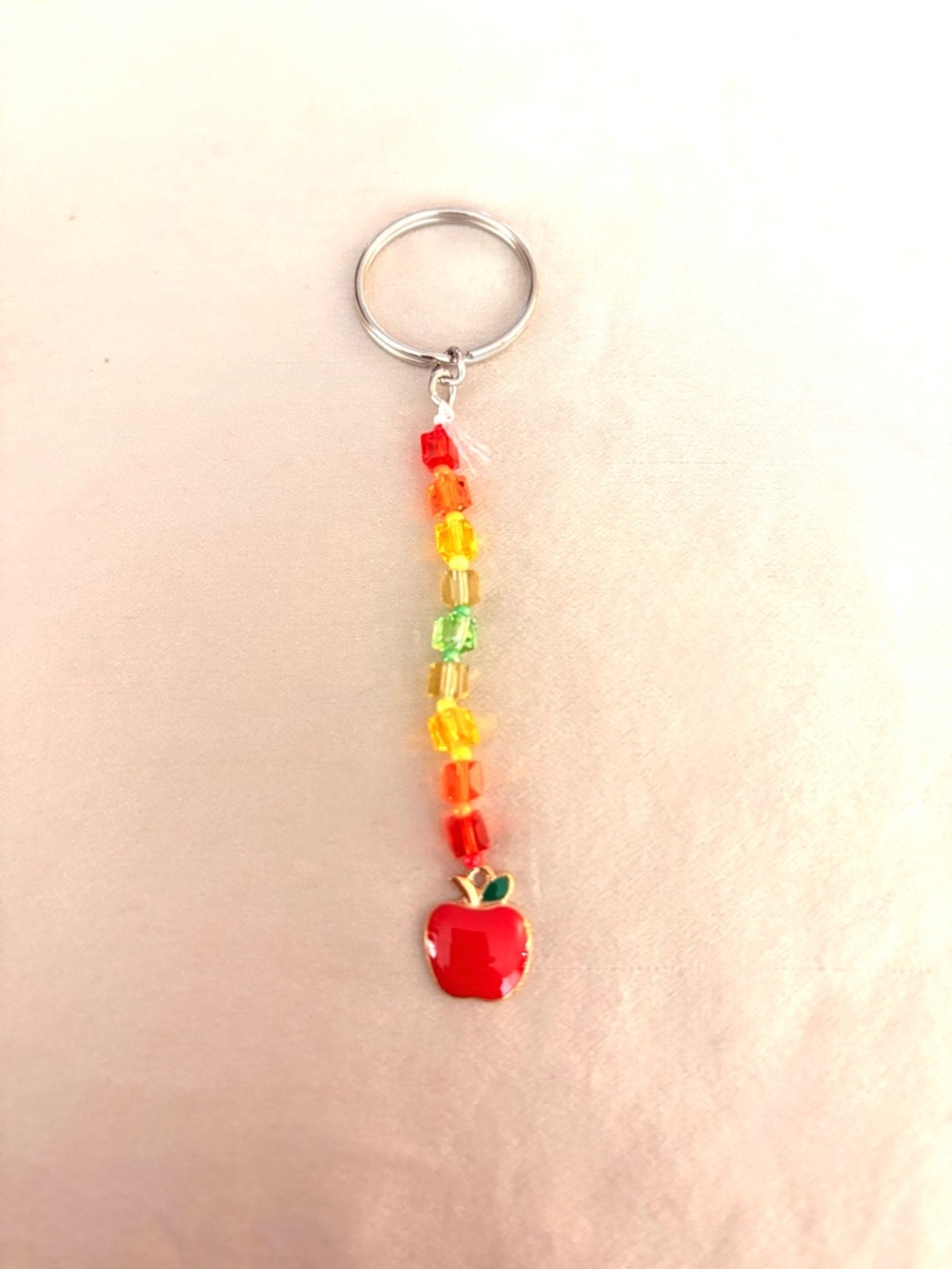Hand made Red Apple Beaded Keychain - Rainbow Accent. New.